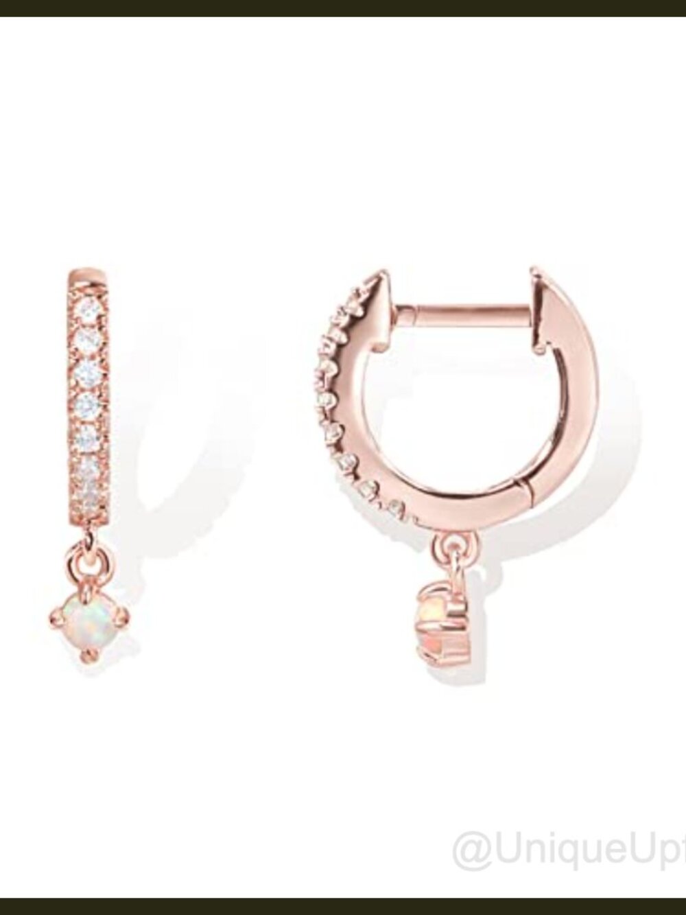 14K Rose Gold Plated Huggie Hoop Earrings, Dainty Opal Charm